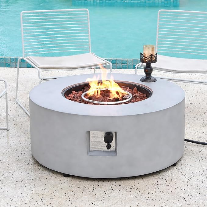 36inch Round Concrete Fire Pit Table Propane 50,000 BTU Outdoor Fire Table Modern Firepit CSA Certification Natural Gas Firepits with Steel Lid, Rain Cover for Outside, Backyard, Deck