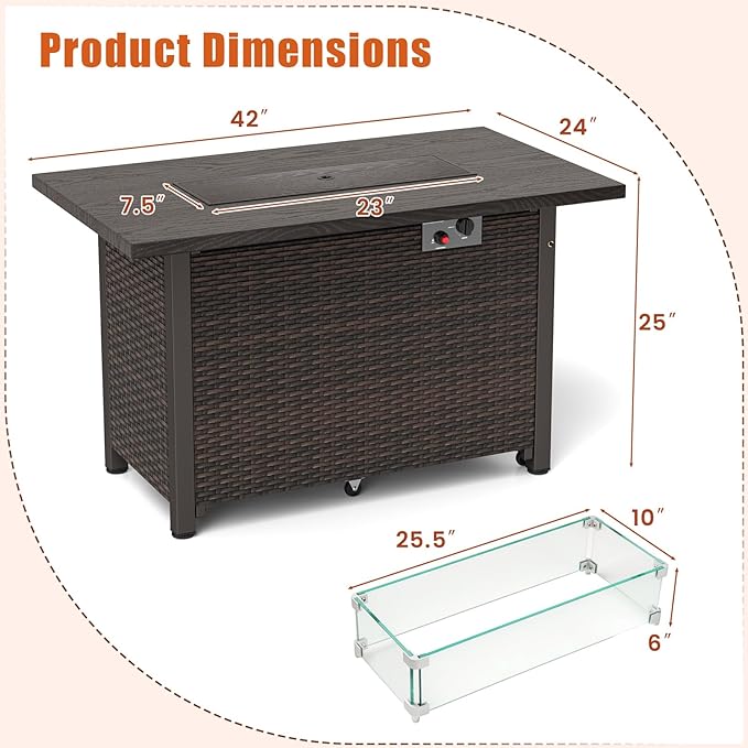 Tangkula Outdoor Propane Fire Pit Table, 42 Inch Rectangular Rattan Fire Table with Wind Guard & Glass Rocks, 50,000 BTU Smokeless Gas Fire Pit for Outside Patio (Brown)