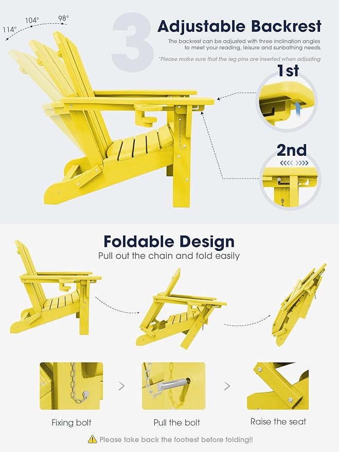 KINGYES Folding Adjustable Adirondack Chair with Ottoman & 2 Cup Holders, HDEP Multifunctional Adirondack Chair with Footrest, Yellow