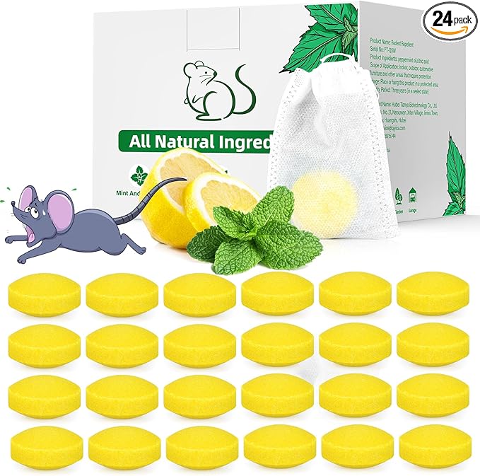 Mouse Rodent Repellent, 24 Pack Peppermint Oil for Mice Mouse Rats Squirrel Spider Pests Control Indoor & Outdoor Use, Natural Deterrent Replace Trap Poisoning Family & Pet Safe Yellow