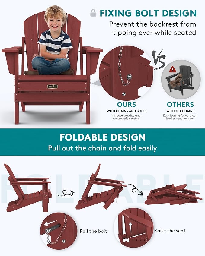 SERWALL Foldable Adirondack Chair Set of 2 for Patio Garden Outdoors Fire Pit Chairs- Red