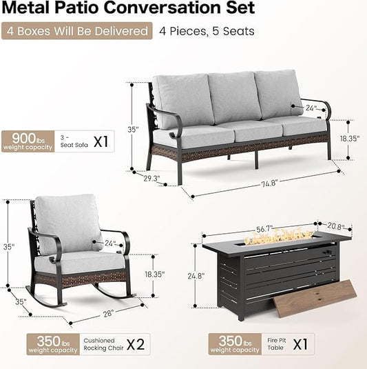 4 Piece Black Metal Outdoor Patio Furniture Sets with Firepit Table, Patio Conversation Sets 1 3-Seater Sofa, 2 Rocking Sofa with 5.75" Cushion Backyard Furniture for Deck, Light Gray