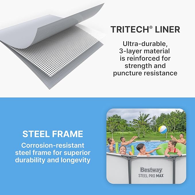Bestway Steel Pro MAX 15' x 48" Above Ground Pool, Round Metal Frame Outdoor Swimming Pool Set with Filter Pump, Ladder, and Cover, Gray