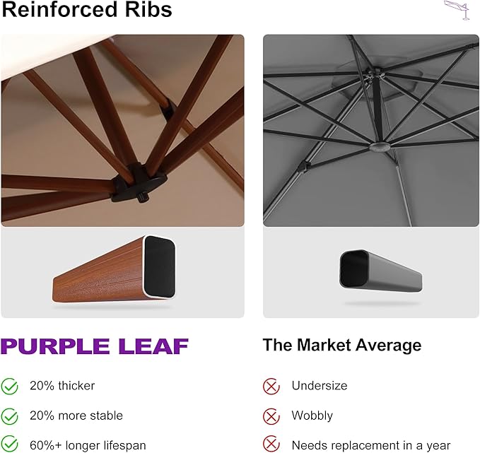 PURPLE LEAF 10' X 13' Double Top Deluxe Wood Pattern Rectangle Patio Umbrella Offset Hanging Umbrella Outdoor Market Umbrella Garden Umbrella, Beige