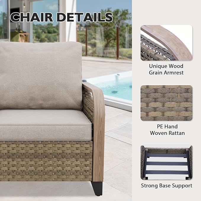 EAGLE PEAK Modern Wicker Outdoor Patio Furniture Set, Patio Conversation Set, a 3-Seat Loveseat and 2 Ottomans, 3 Pieces, Brown/Gray