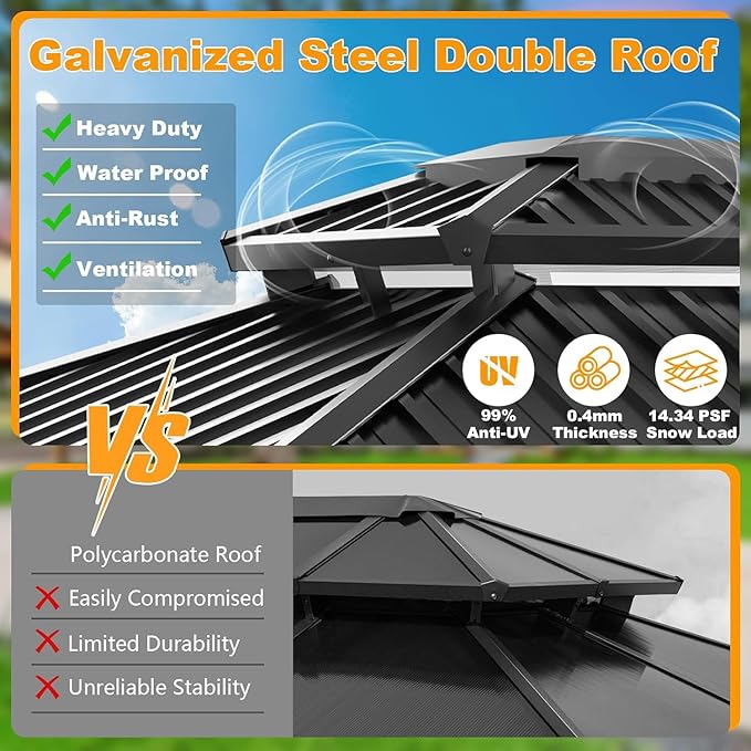HOTEEL 12x20 Gazebo with Metal Roof & Drainage System, Heavy Duty Hardtop Gazebo with Flame-Retardant Curtain & Netting, Gazebos with Galvanized Steel Double Roof, Outdoor Gazebo for Patio, Party