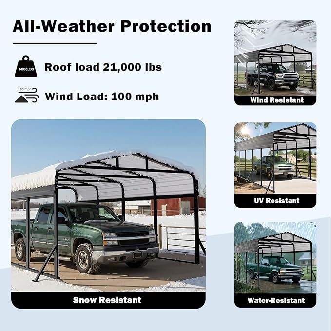 20x30FT Heavy Duty Metal Carport - Reinforced Galvanized Carport Canopy for All-Weather Shelter, Enhanced Wind Resistance for Boats, Cars, Trucks and Tractors