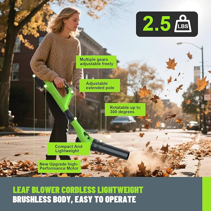 Leaf Blower Cordless,21V | 49" Electric Leaf Blower with 2 x 3.0Ah Batteries 3 Speed Modes 500CFM/180MPH Handheld Battery Powered Blower for Lawn Care Yard Patio Dust Snow Car Interior Garage Cleaning