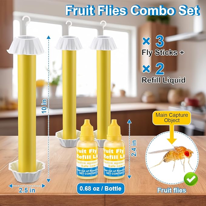 Qualirey 3 Pack Fruit Fly Trap Sticks for Indoors & Outdoor, Comes with 2 Pack Fruit Fly Trap Refill Liquid (0.68oz / Bottle), Non Toxic Hanging Sticky Flies Catcher Stick