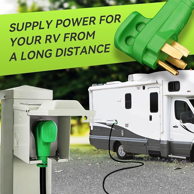 RVMATE 50 Amp 15 Feet RV/Generator Lockable Power Extension Cord, Easy Plug in Handle, 14-50P to SS 2-50R with LED Indicator, ETL Listed
