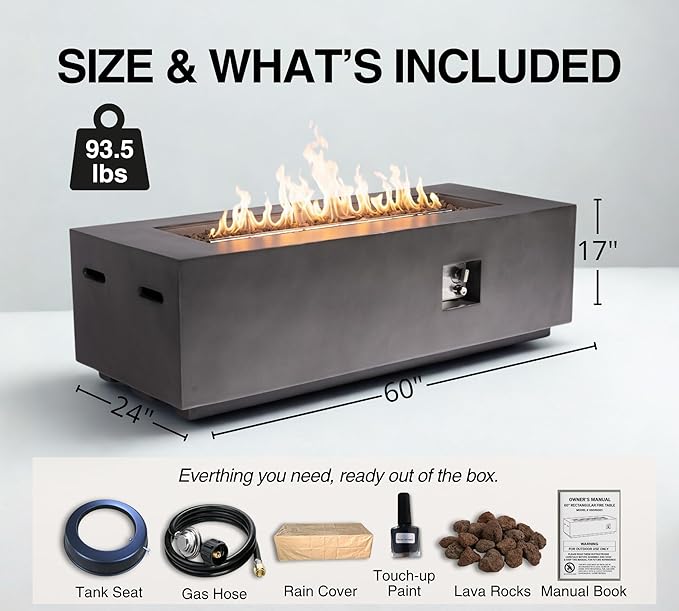 60-Inch Rectangular Propane Fire Pit Table, 60,000 BTU Concrete Outdoor Gas Fire Pit Table with Waterproof Cover, Tank Seat, Free Lava Rocks, for Outside Patio Backyard, Dark Grey