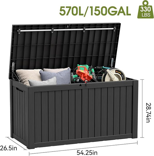 Outdoor Storage Box, Resin Deck Boxes Indoor and outdoor, Waterproof Storage Box Lockable Lid (Black, 160 Gallon)