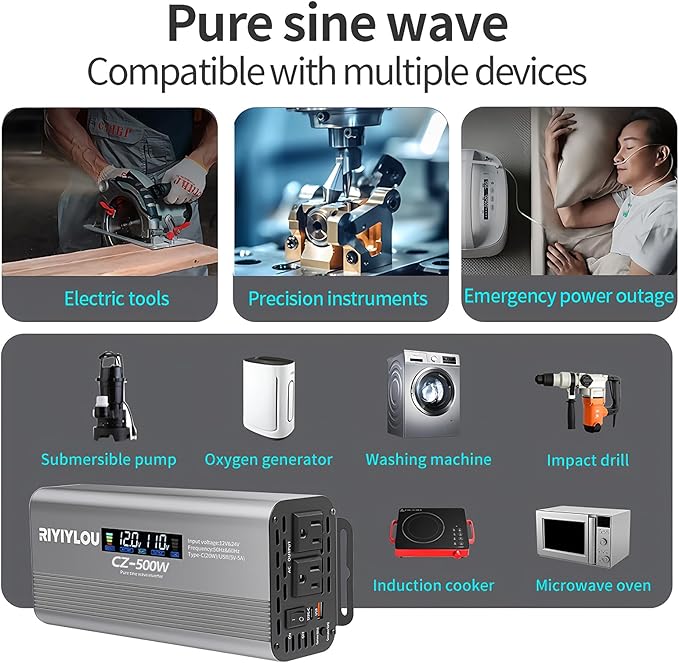 500W Pure Sine Wave Inverter (1000W Peak), 12V/24V Auto-Detect, 50Hz/60Hz Switchable, LCD Display, Type-C Fast Charging, Silent Design, Overload & Overheat Protection for RV, Home (500W)