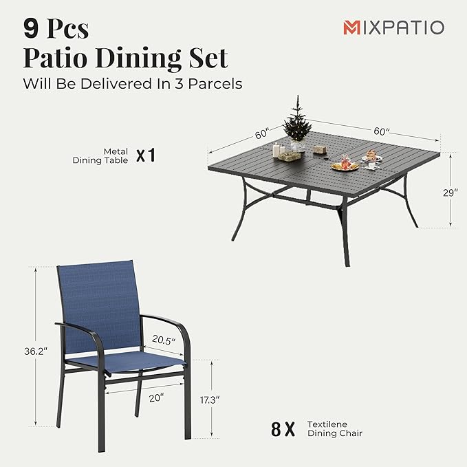 9 Pieces Patio Table and Chairs Set, Patio Dining Set for 8, 8 Blue Textilene Chairs and 1 Large Square Patio Dining Table with Umbrella Hole, for Deck Backyard Lawn Poolside