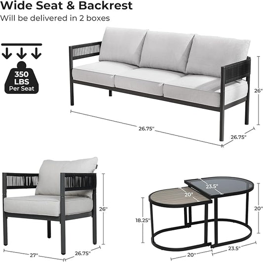 Grand patio 5-Piece Outdoor Furniture Set, 5 Seats Wicker Sofa Conversation Set with 3-Seat Couch, Thick Cushions and Coffee Table, for Backyard, Balcony, Garden (Beige)