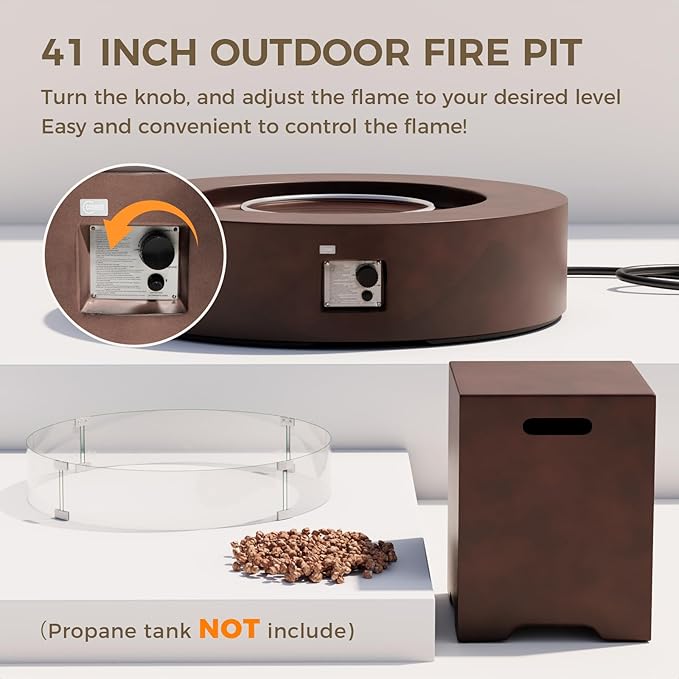 SUNBURY Outdoor Propane Fire Pit,Dark Brown Patio Fire Table 50000 BTU w 20 Gallon Tank Cover, Glass Wind Guard, Waterproof Cover