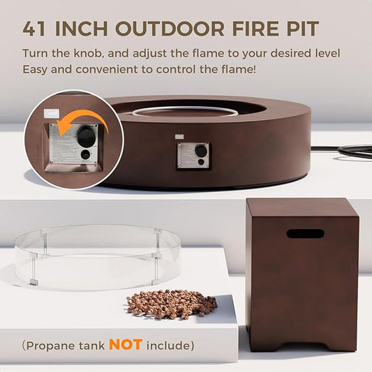 SUNBURY Outdoor Propane Fire Pit,Dark Brown Patio Fire Table 50000 BTU w 20 Gallon Tank Cover, Glass Wind Guard, Waterproof Cover