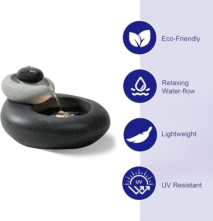 Puulye 13.39" H Outdoor Water Fountain Made with Eco-Friendly Recyclable Materials, Polyethylene Rock Waterfall Outdoor Fountain, Garden Decor with LED Light & Pump for Patio, Backyard (13.39")