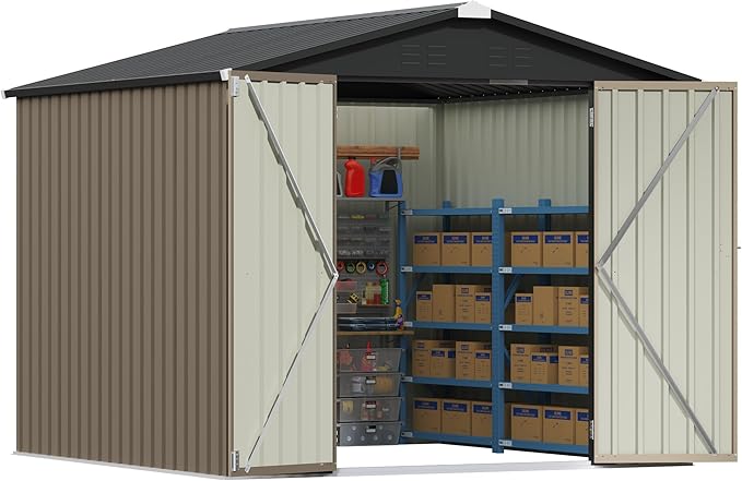 Patiowell 8x8 FT, Outdoor Storage Shed, Heavy Duty Tool Storage Sheds with Lockable Doors and Updated Frame Structure for Backyard Patio Lawn, Brown