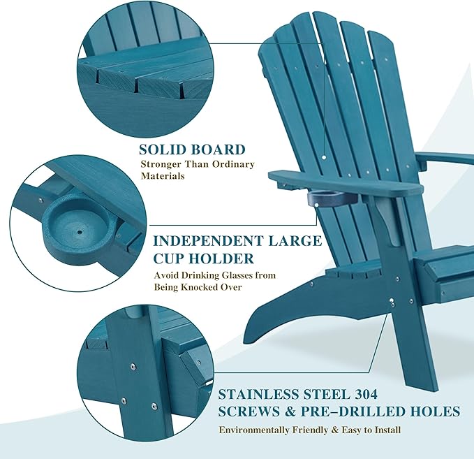 Psilvam Adirondack Chair, Oversized Poly Lumber Fire Pit Chair with Cup Holder, 350Lbs Support Patio Chairs for Garden, Weather Resistant Outdoors Seating, Relaxing Gift for Father & Mother(2, Blue)