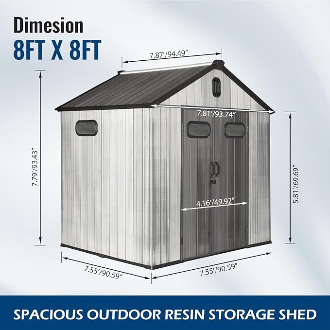 Domi 8x8Ft Resin Outdoor Storage Shed, Plastic Garden Shed with Carpet, Outside Weatherproof Storage Building for Tools, Bike, Lawn Mower, Patio, Backyard