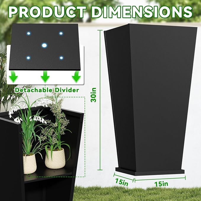 Tall Metal Planter Box, 15" L x 15" W x 30" H 2-Pack Outdoor Planters with Removable Tray, Heavy Duty Steel Front Porch Planters for Patio, Balcony, Indoor(Black)