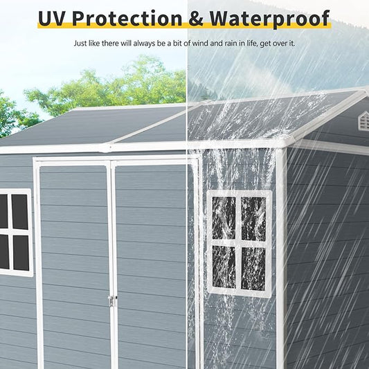 8x6 FT Outdoor Storage Shed, Resin Garden Shed with Thick Floor, Plastic Storage Shed with 2 Windows, Waterproof Outside Tool Shed with Lockable Hinged Doors for Backyard, Patio, Lawn, Light Gray