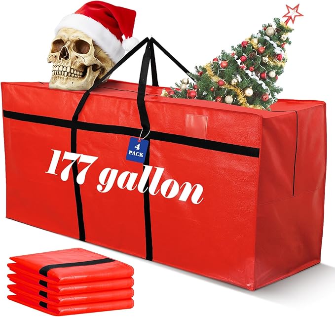 Windyun 4 Pack 177 Gallon Extra Large Storage Bags XXL Moving Bags with Zipper Handles Heavy Duty Jumbo Big Tote Box for Christmas Tree Storage 4, 5, 7.5, 9, 10, 12 ft Skeleton College Dorm(Red)