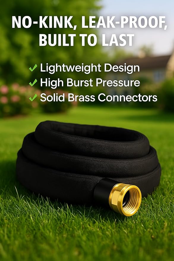 50ft Lightweight Non‑Expanding Garden Hose – Kink-Free, Leak‑Proof, Flexible Water Hose with Solid Metal Fittings – High Pressure, Easy Storage, Ideal for Lawn, Car Wash & Outdoor Use