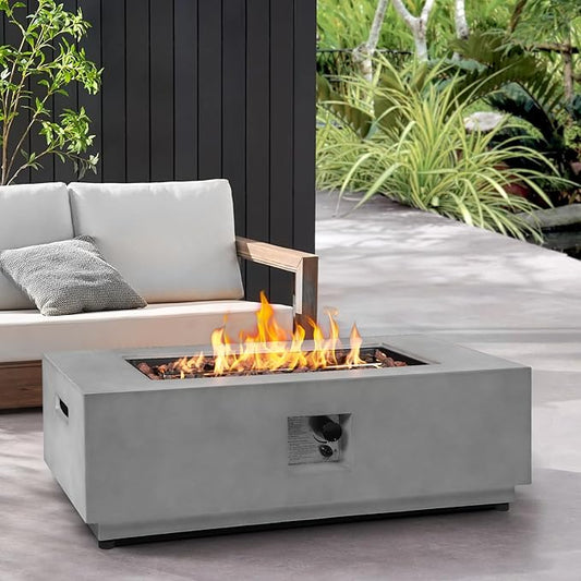 42inch Rectangle Concrete Fire Pit Table Propane - Modern Patio Fire Table w CSA Certified, 50,000 BTU Stainless Steel Burner Rectangular, Lava Rocks, Rain Cover