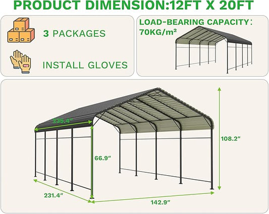 Greesum 12x20FT Metal Carport with Heavy Duty Frame and Galvanized Steel Roof, Round Carports with Side Support Rods, Canopy Shelter for Car, Pickup Trucks, Boats and Tractors, Party, Gray