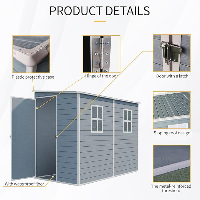 4x8 FT Outdoor Storage Shed Plastic Shed W/Floor,Resin Lean to Shed W/ 2 Windows & Lockable Door,Garden Tool House W/Air Vent & Sloped Roof,All Weather Waterproof for Backyard,Patio,Lawn,Grey