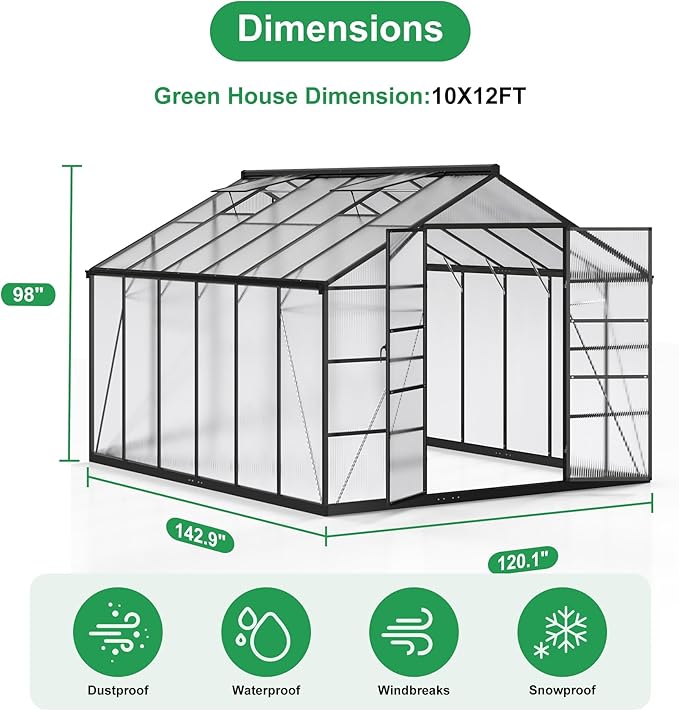 WKM 10x12 FT Polycarbonate Greenhouse, Enhanced Aluminum Frame Greenhouses for Outdoors Withstands Strong Wind or Snow with Roof Vent, Walk-in Green Houses for Outside Garden Backyard, Black