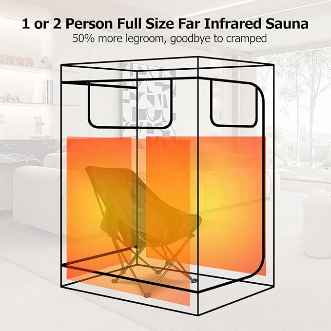 Smartmak Portable Infrared Sauna, 1-2 Person X-Large Infrared Sauna Box, Full Size Personal Home Sauna Tent, with Adjustable Folding Chair, Remote Control, LED Red Light (Black-2 Person)