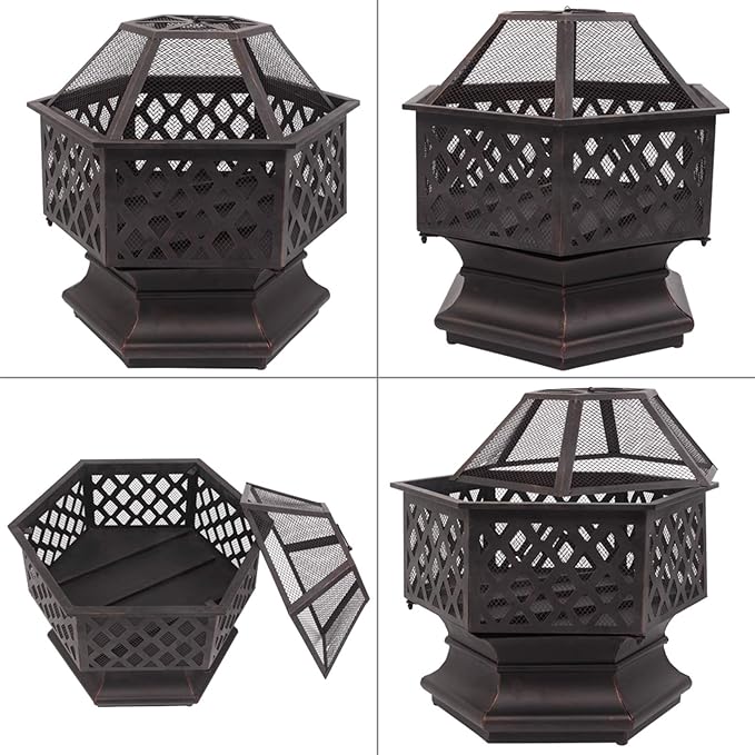 Outdoor Hex-Shaped Fire Pit, Portable Wood Burning Firepit for Outside, 22 Inch Metal Bonfire Fire Pits with Mesh Lid and Poker for Backyard Heating, Garden, Patio, Beach, Poolside, Picnic, Camping