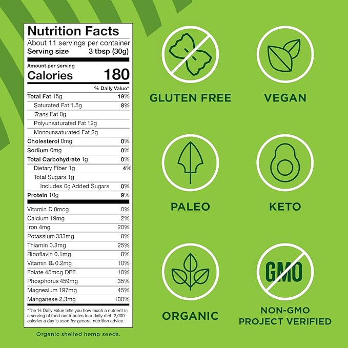 Manitoba Harvest Organic Hemp Hearts, 12oz, 10g Plant Based Protein and 12g Omega 3 & 6 per Srv, Smoothies, yogurt & salad, Non-GMO, Vegan, Keto, Paleo, Gluten Free
