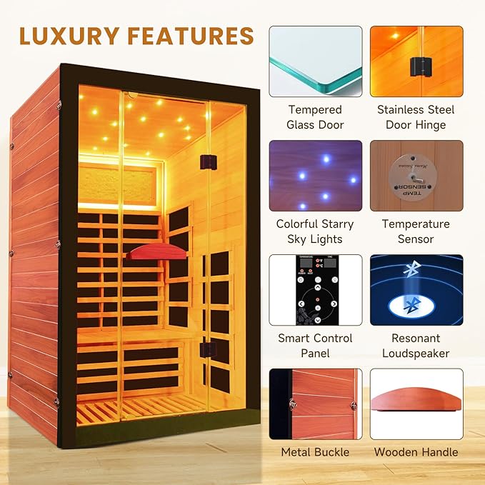 RIGO Far Infrared Sauna for Home 2 Person Sauna for Home Okoume Wood Red Sauna with Low EMF Infrared Sauna 2000W Dry Sauna 2 Person with 7 Colorful Light, Speaker and Tempered Glass Door
