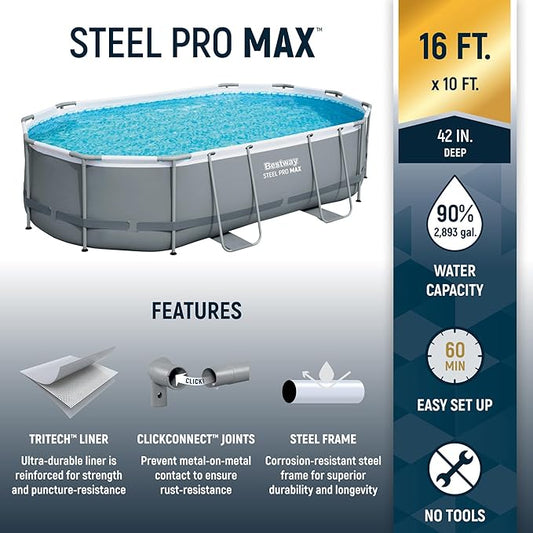 Bestway Steel Pro MAX 16' x 10' x 42" Oval Metal Frame Above Ground Swimming Pool Set with 1000 GPH Filter Pump, Ladder, and Pool Cover