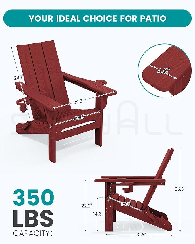 SERWALL Folding Adirondack Chair with Cup Holders, Weather Resistant HDPE Modern Adirondack Chair Set of 6, Plastic Outdoor Fire Pit Chairs, Red