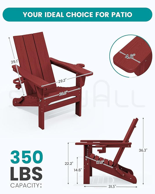 SERWALL Folding Adirondack Chair with Cup Holders, Weather Resistant HDPE Modern Adirondack Chair Set of 4, Plastic Outdoor Fire Pit Chairs, Red