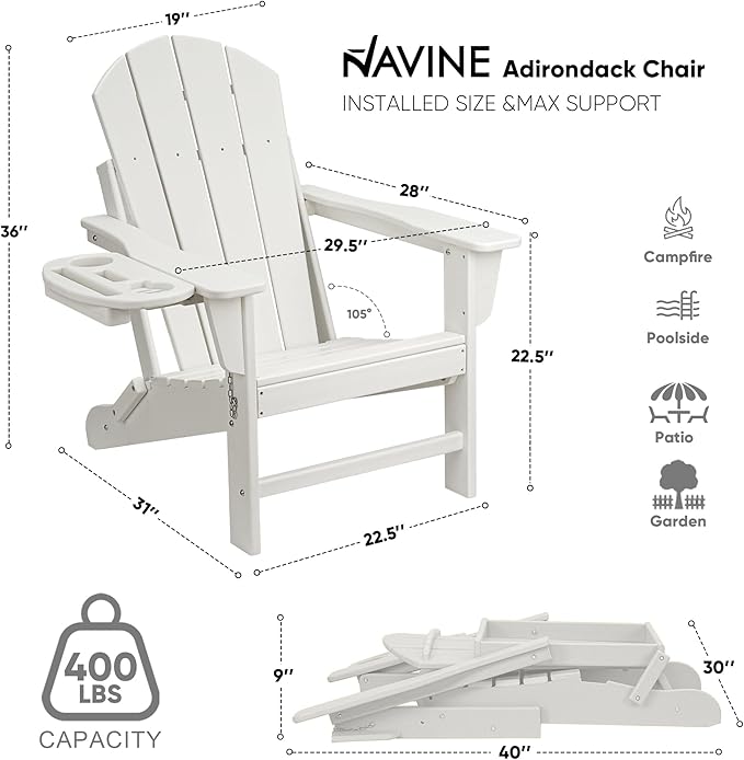 Adirondack Chair, HDPE Folding Adirondack Chair with Multifunctional Cup Holder, Weather Resistant Fire Pit Chair for porches, patios, patios, poolsides, Decks.