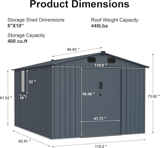 8x10 FT Outdoor Storage Shed,Large Metal Tool Sheds with Window and Lockable Doors, Garden Shed for Backyard Patio Lawn, Dark Grey