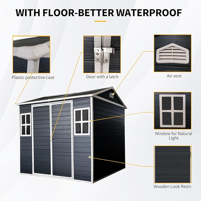 8x6 ft Outdoor Resin Storage Shed with Floor, Waterproof Plastic Garden Shed with Lockable Door and Two Windows, All-Weather Tool Sheds for Backyard, Patio, Lawn (Black)