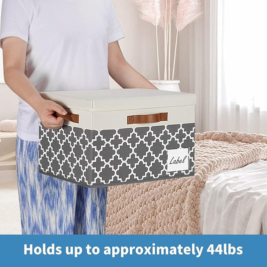 GhvyenntteS Large Fabric Storage Bins with Lids (3 Pack), Foldable Decorative Storage Boxes with Lids and 3 Handles, Sturdy Storage Baskets with Label Window for Home Office (White&Lattice Grey)