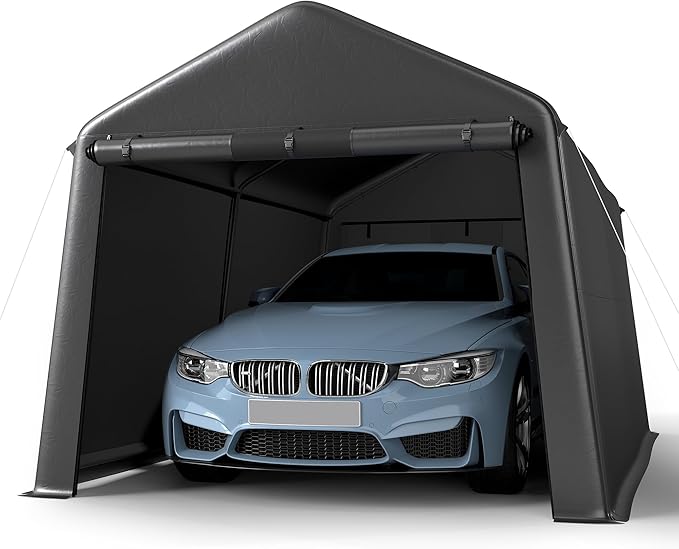 Real Relax Outdoor 8x14 ft Heavy Duty Carport for Snowmobile & Garden Tools, 240g PE Waterproof Cover & 1.2mm Steel Frame, Waterproof with 2 Roll-Up Doors & Vents