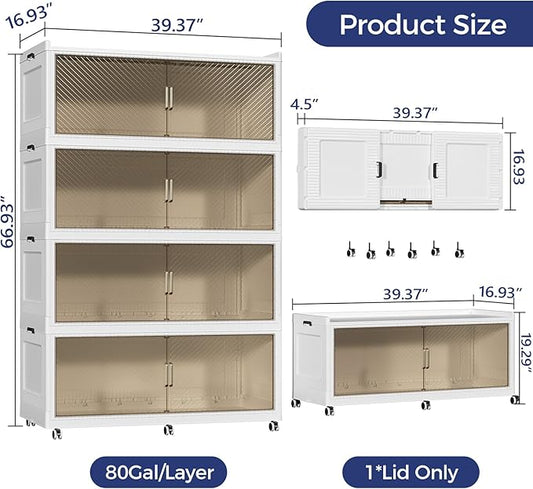 320 Gallon Extra Large Collapsible Storage Bin with Lid, 960QT Stackable Plastic Organizer with 6X Wheels, Foldable Drawer Cabinet for Closet, Living Room Office, Kitchen 4Pack, White