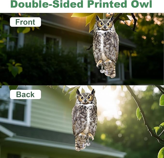 2PCS Reflective Hanging Hawk Fake Owl Decoration, Realistic Hanging Owl for Garden Patio Windows