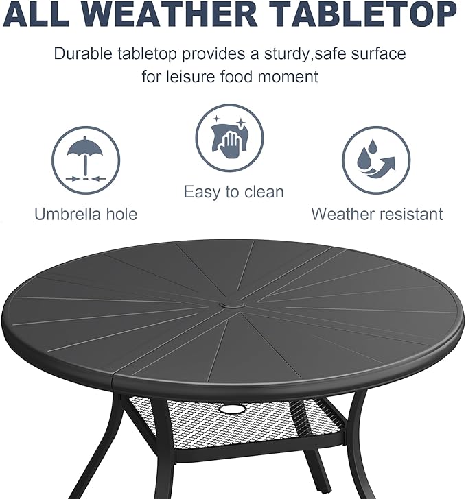 VICLLAX Round Patio Dining Table, 4 Person Aluminum Outdoor Dining Table with Umbrella Hole and Storage Shelf for Garden Lawn Deck, 40.6" Black