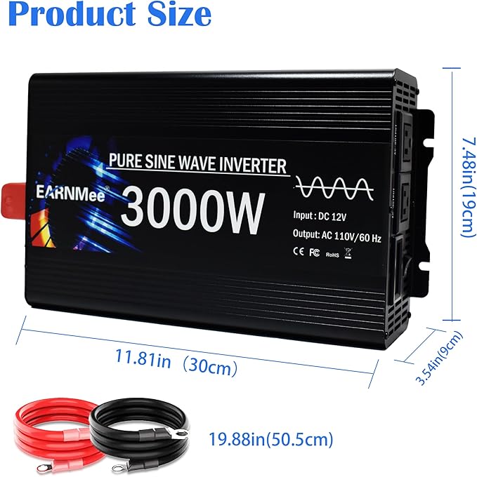 3000W Pure Sine Wave Inverter, Vehicle Converter,12V DC to 110V 120V AC for Car, RV, Truck, Home, Solar Power Inverter with LCD Display