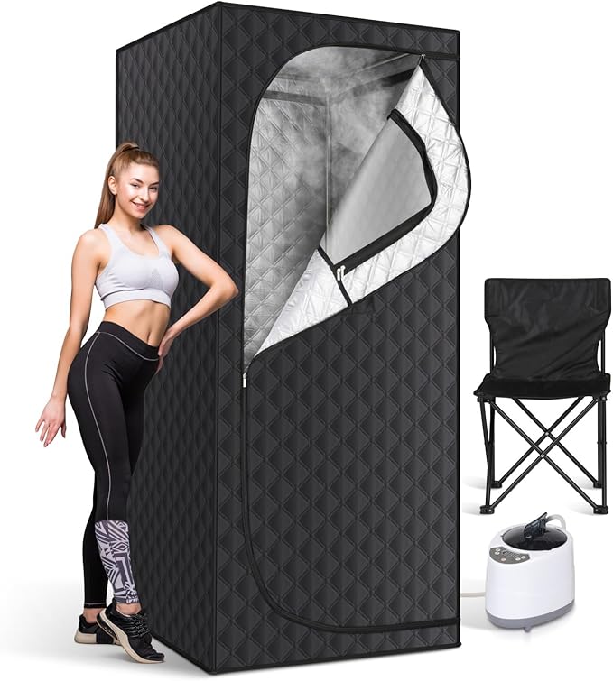 Portable Sauna Box for Home, Personal Steam Sauna Tent with 3L 1200 Watt Steamer, Remote Control and Fodable Chair, for Steam Detox Relaxation Spa, Indoor & Outdoor, 9 Levels, 2.6’ x 2.6’ x 6.1’